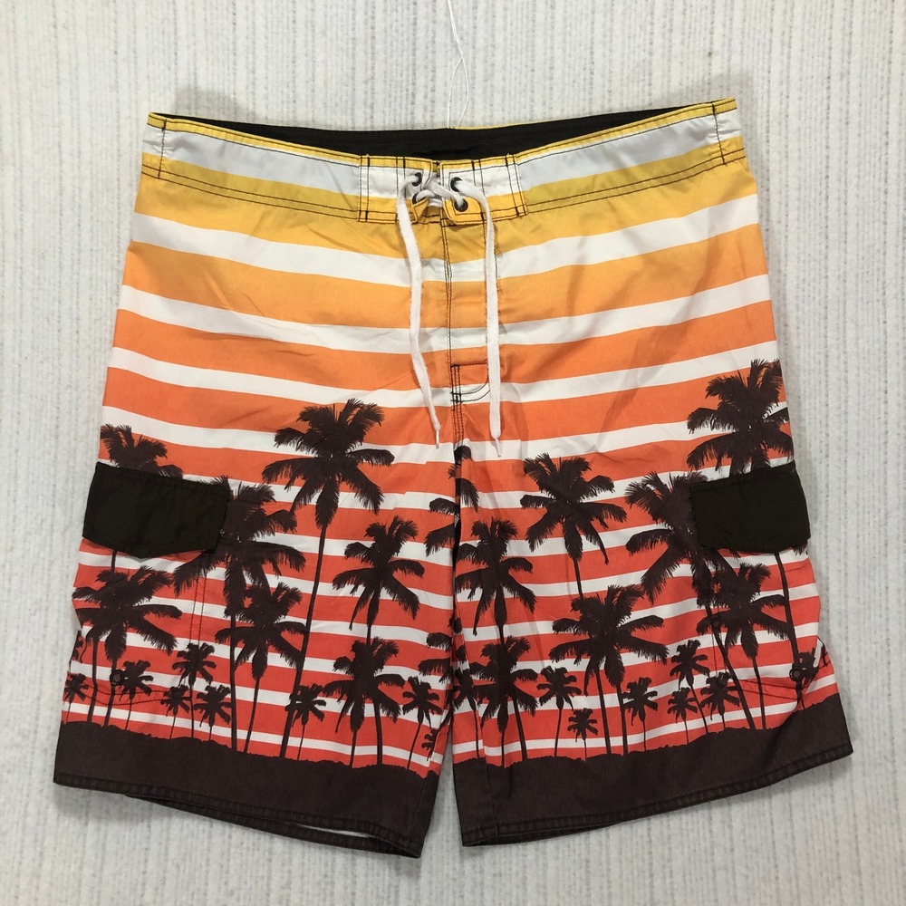 Hang Ten Swim Trunks Palm Tree Striped Beach Surf Board Shorts‎ Large